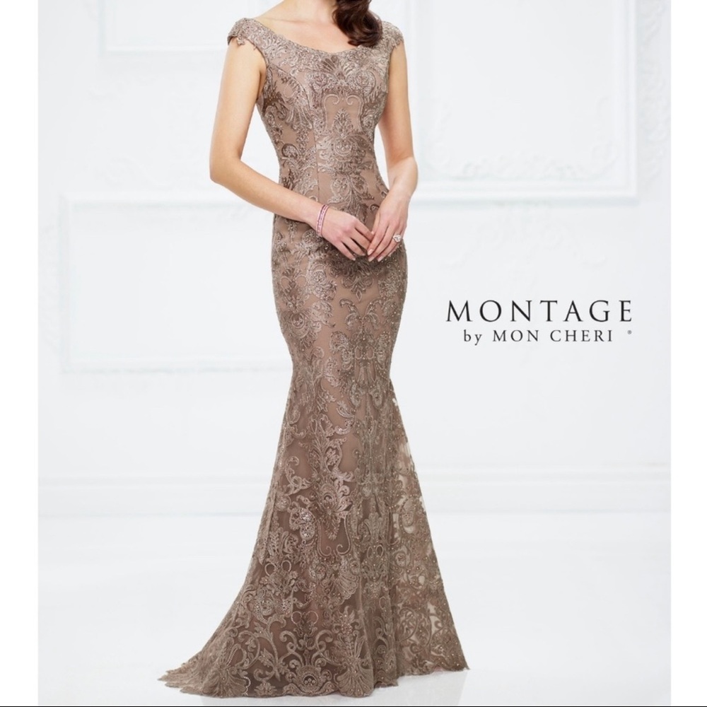 Montage by Mon Cheri Tan and Cream Gown with Cap Sleeves